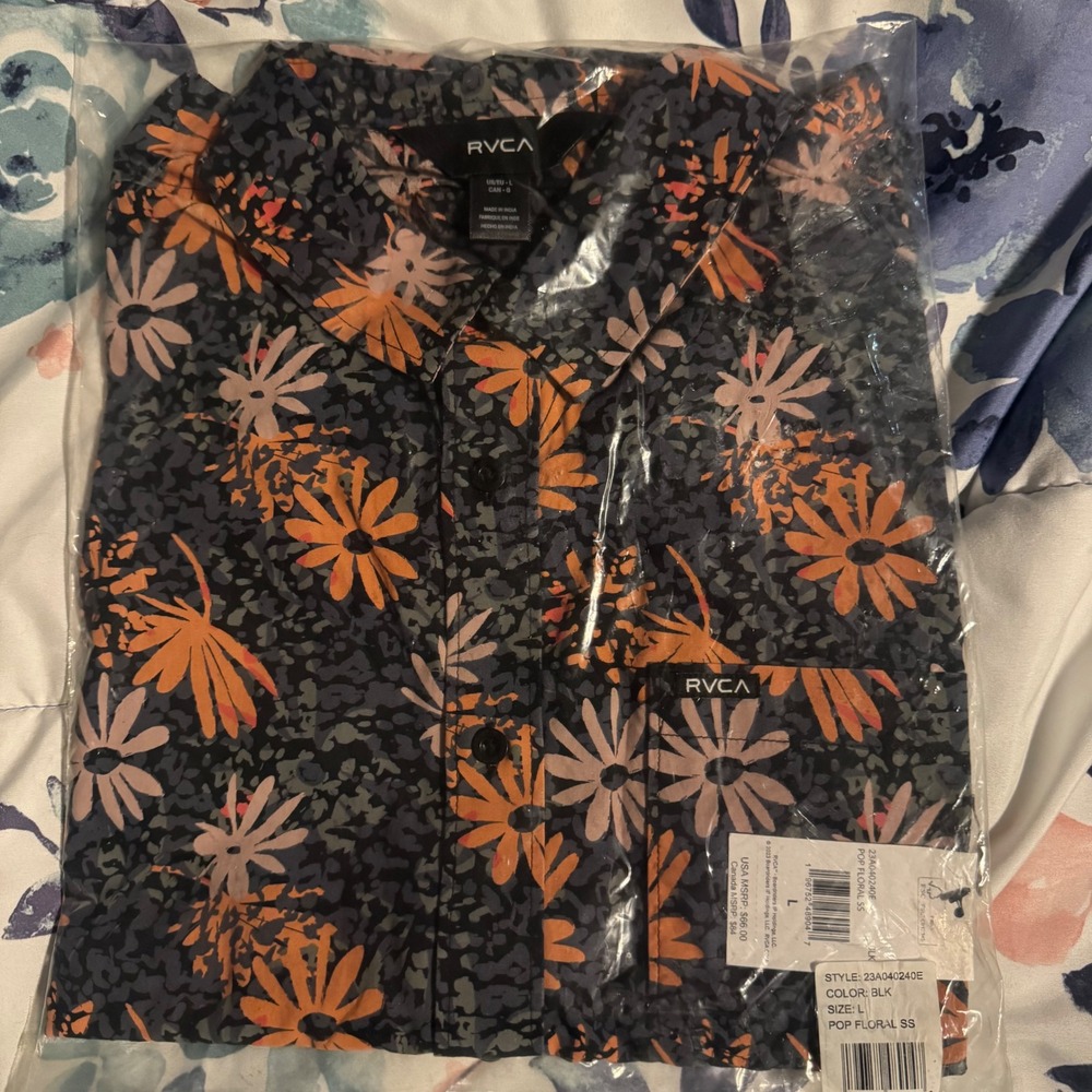NWT RVCA Mens Pop Floral SS Button Up Shirt Black Orange Size L $66